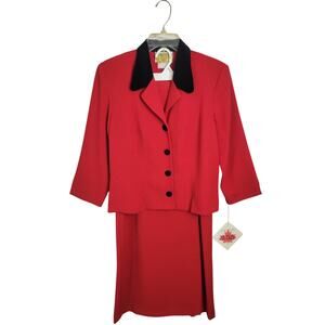 Leslie Belle Red Black Velvet Collar 2-Piece Formal Work Skirt & Jacket Size 8